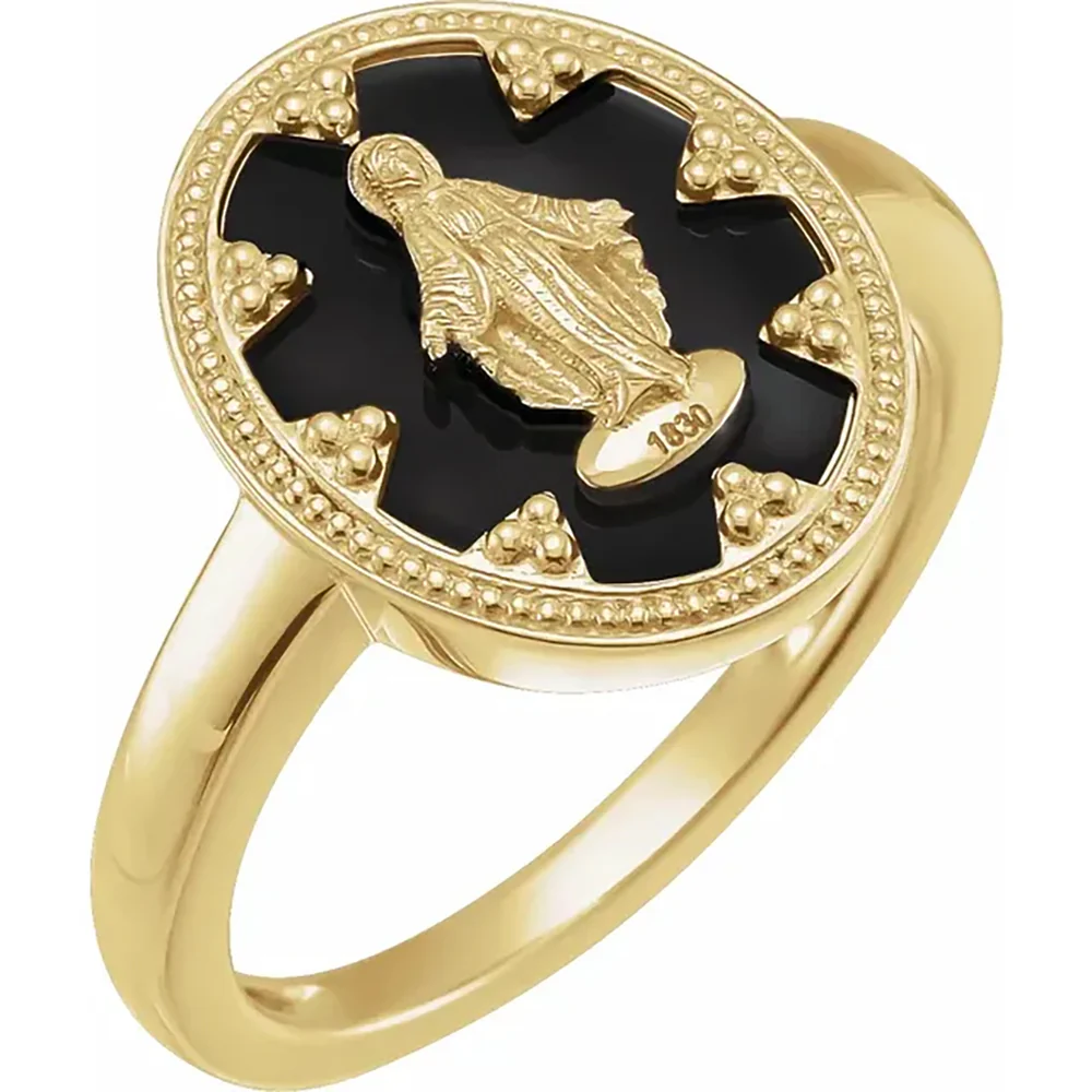14 K Gold Miraculous Medal Ring in Size 7 - White or Black