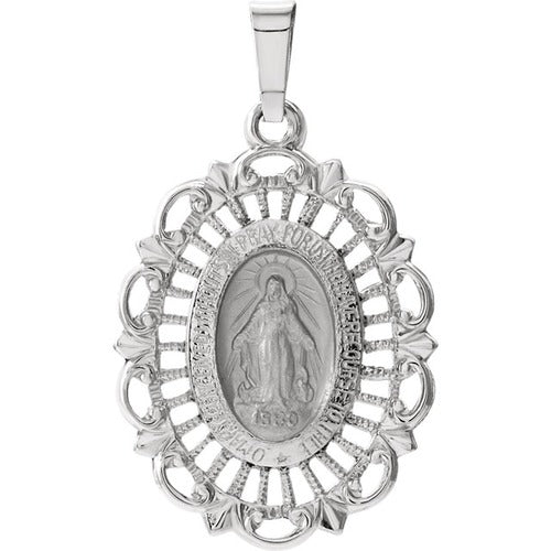 14kt White Gold 22x15.5mm Oval Filigree Miraculous Medal