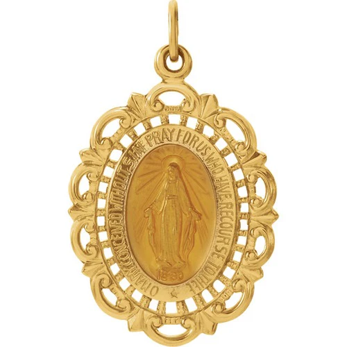 14kt Yellow 25x18mm Oval Filigree Miraculous Medal