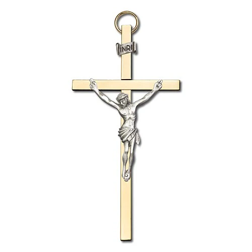 4 inch Antique Silver Crucifix on a Polished Brass Cross - Image 2