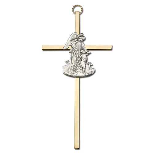 6 inch Antique Gold Guardian Angel on a Polished Brass Cross