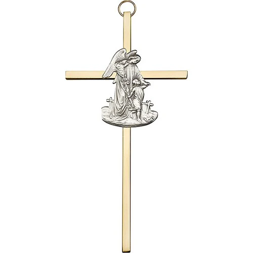 6 inch Antique Gold Guardian Angel on a Polished Brass Cross - Image 2