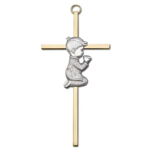6 inch Antique Silver Praying Boy on a Polished Brass Cross - Image 2