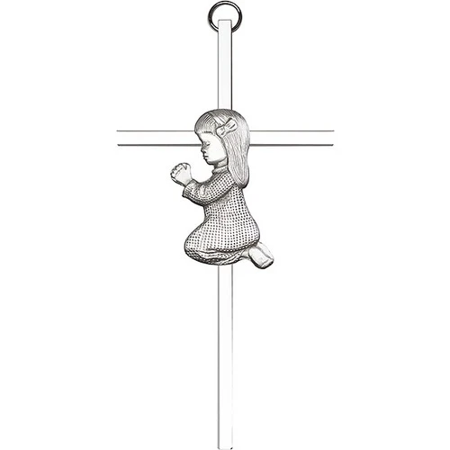 6 inch Antique Silver Praying Girl on a Polished Silver Finish Cross