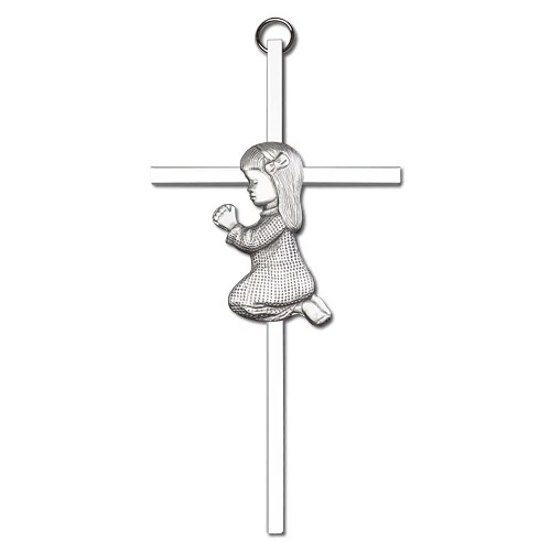 6 inch Antique Silver Praying Girl on a Polished Silver Finish Cross - Image 2
