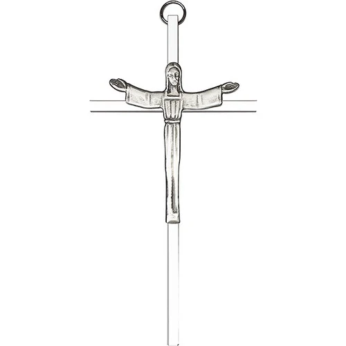 6 inch Antique Silver Risen Christ on a Polished Silver Finish Cross