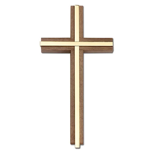 6 inch Plain Crucifix, Walnut w/ Polished Brass inlay - Image 2