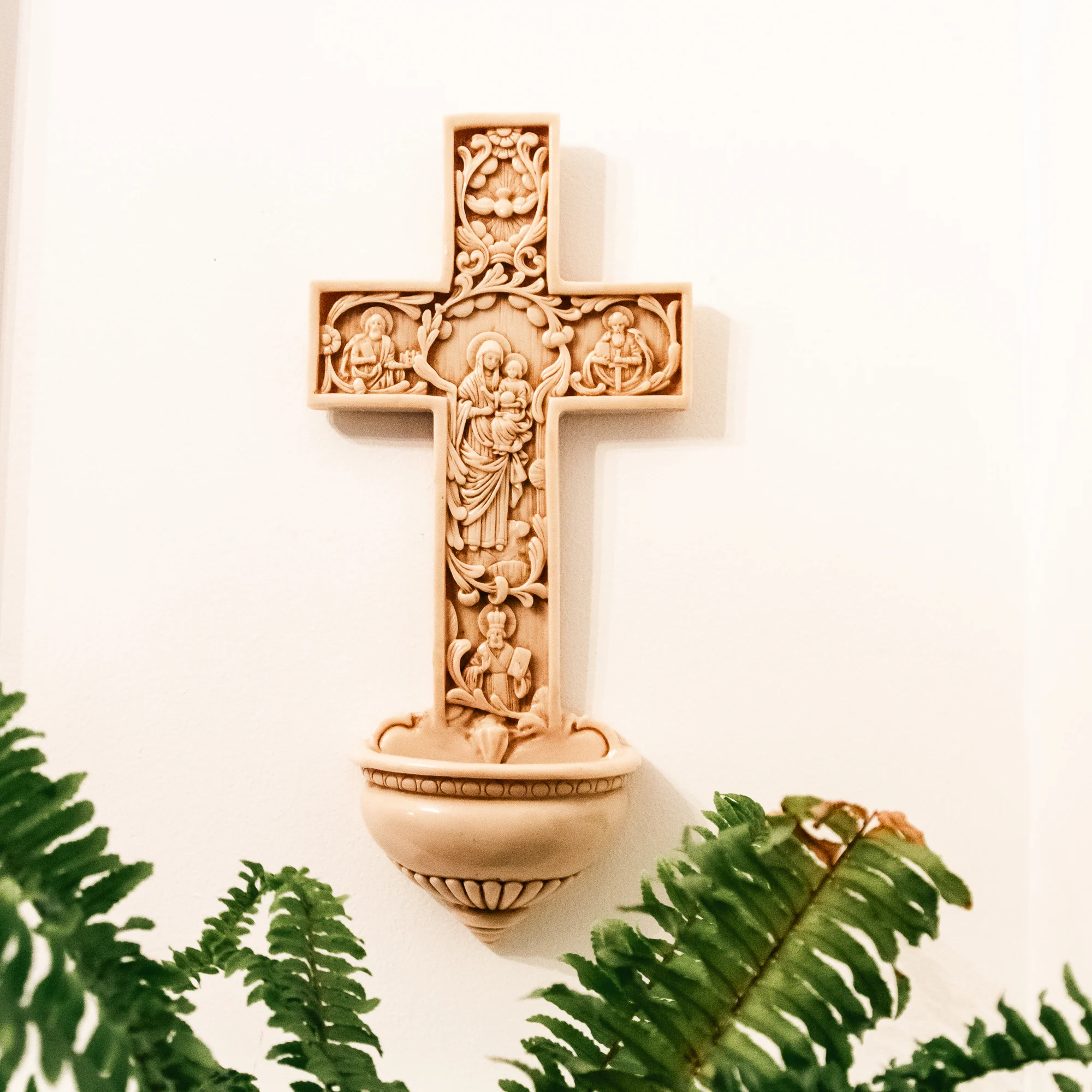 A True Church Cross Holy Water Font - Antiqued Alabaster - 12 Inches