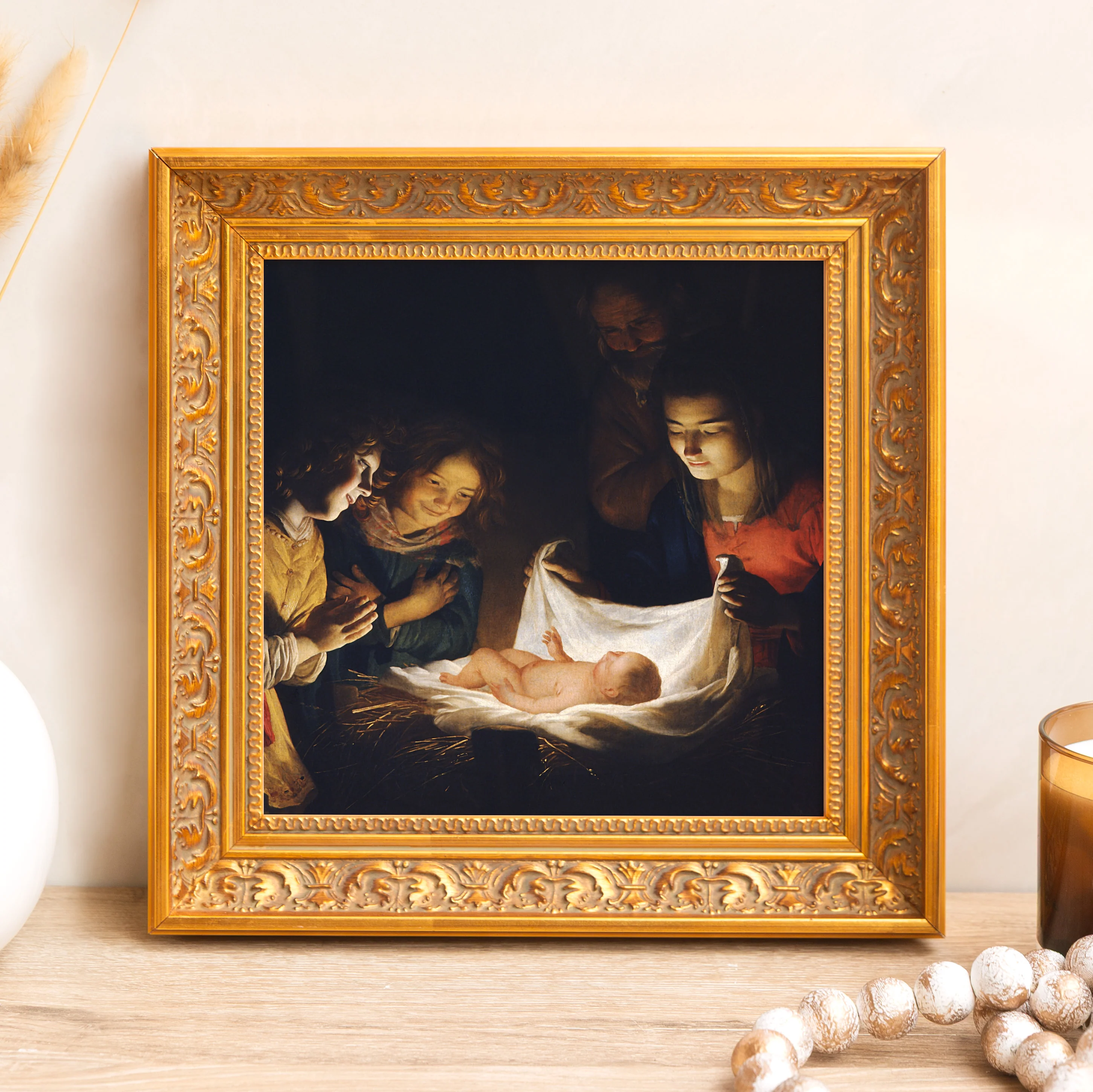 Adoration of the Child Framed Canvas - Sacred Mini Collection