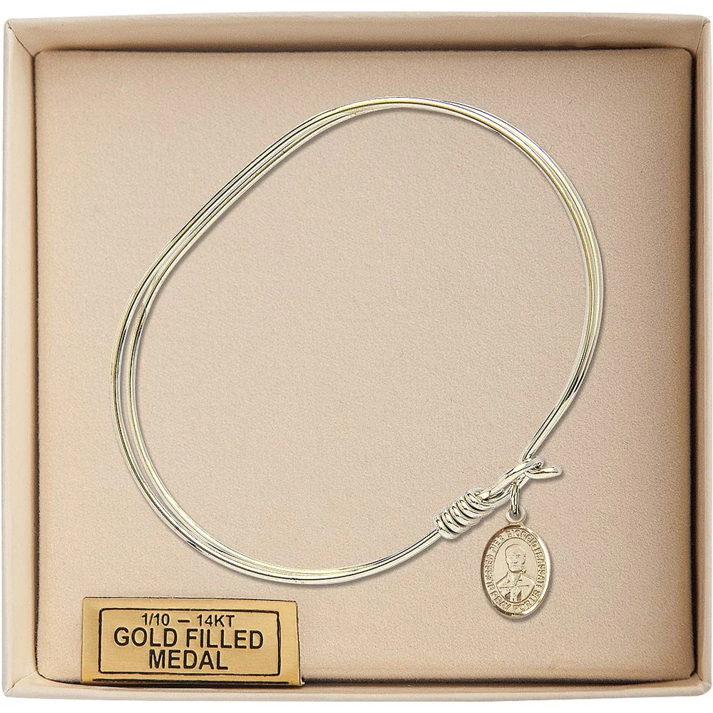 Adult 7" Oval Gold Plated Bangle Bracelet with Blessed Pier Giorgio Frassati Medal Charm - Image 3