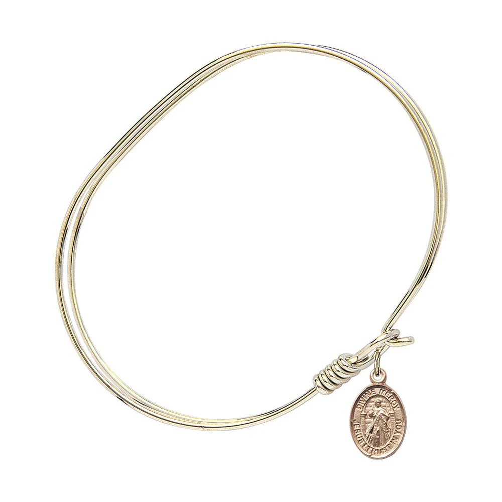 Adult 7" Oval Gold Plated Bangle Bracelet with Divine Mercy Charm - Image 2