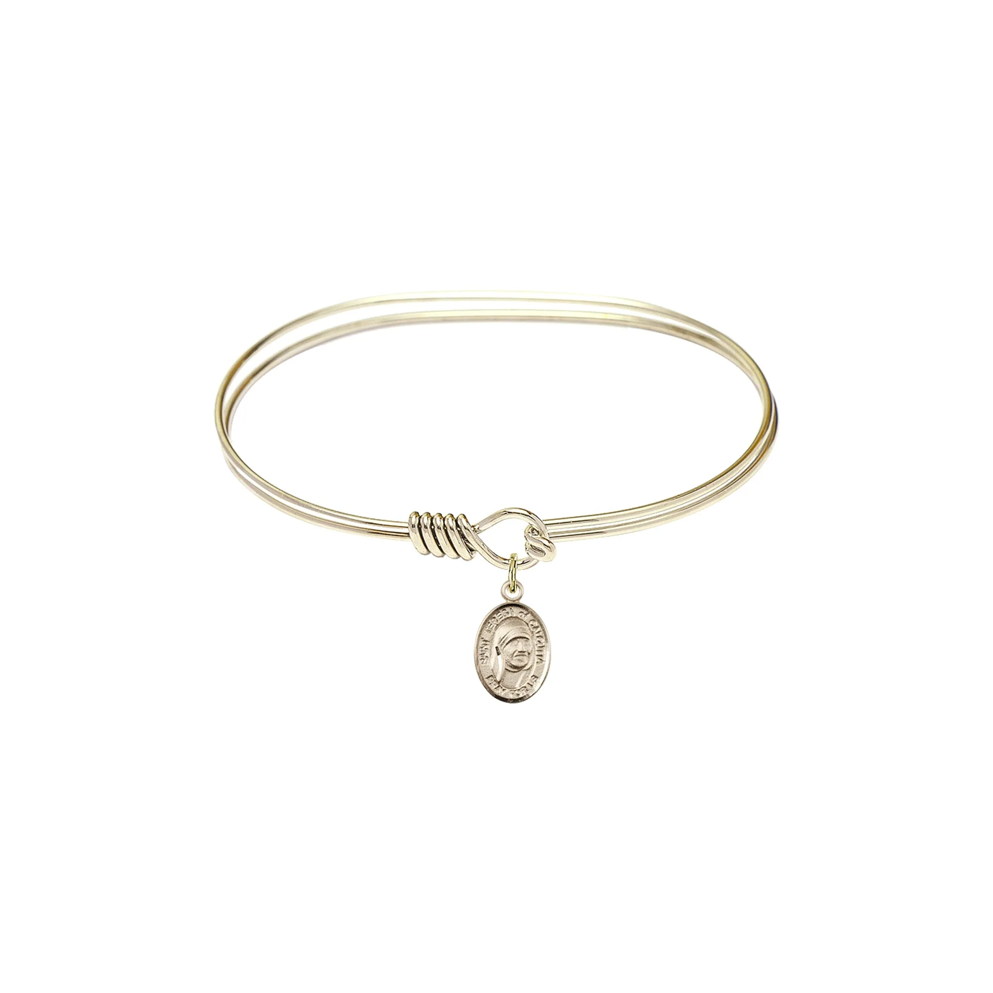 Adult 7" Oval Gold Plated Bangle Bracelet with Saint Teresa of Calcutta Medal Charm