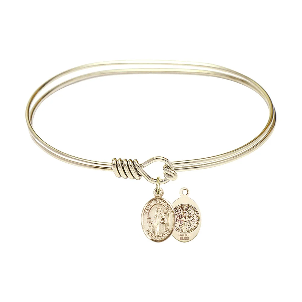 Adult 7" Oval Gold Plated Bangle Bracelet with St. Benedict Medal Charm