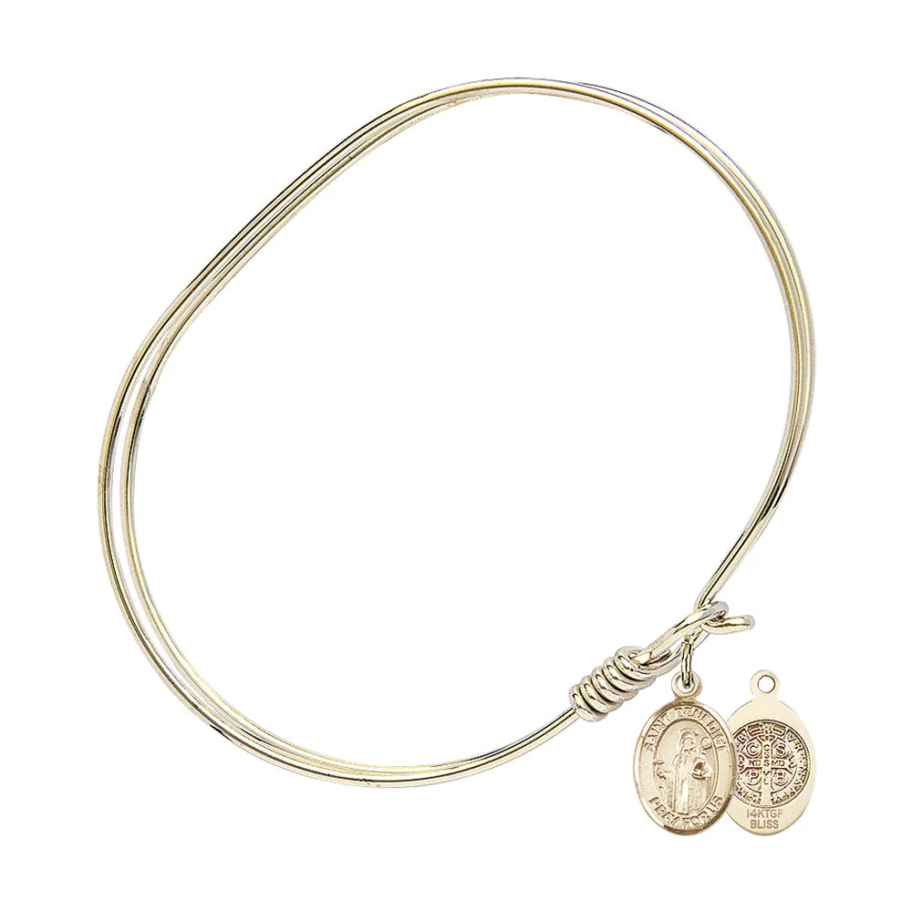 Adult 7" Oval Gold Plated Bangle Bracelet with St. Benedict Medal Charm - Image 2
