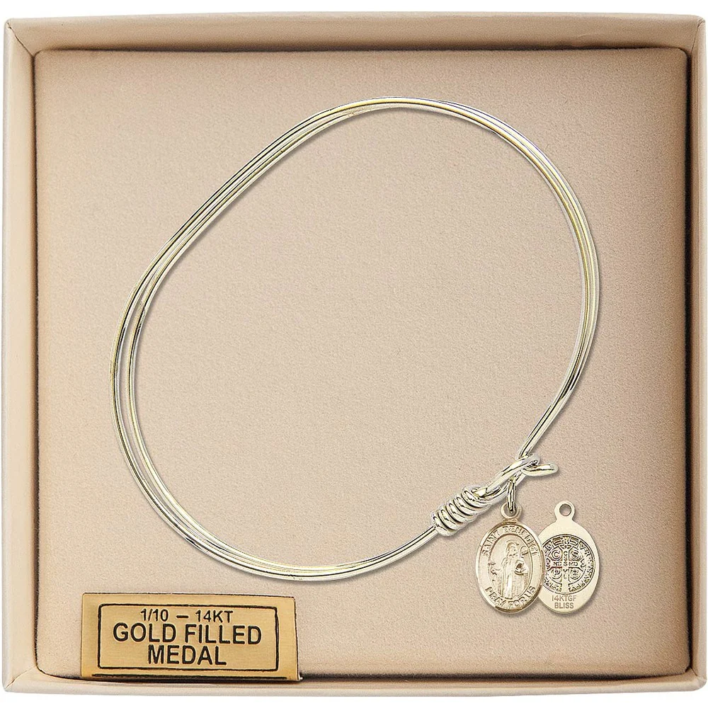 Adult 7" Oval Gold Plated Bangle Bracelet with St. Benedict Medal Charm - Image 3