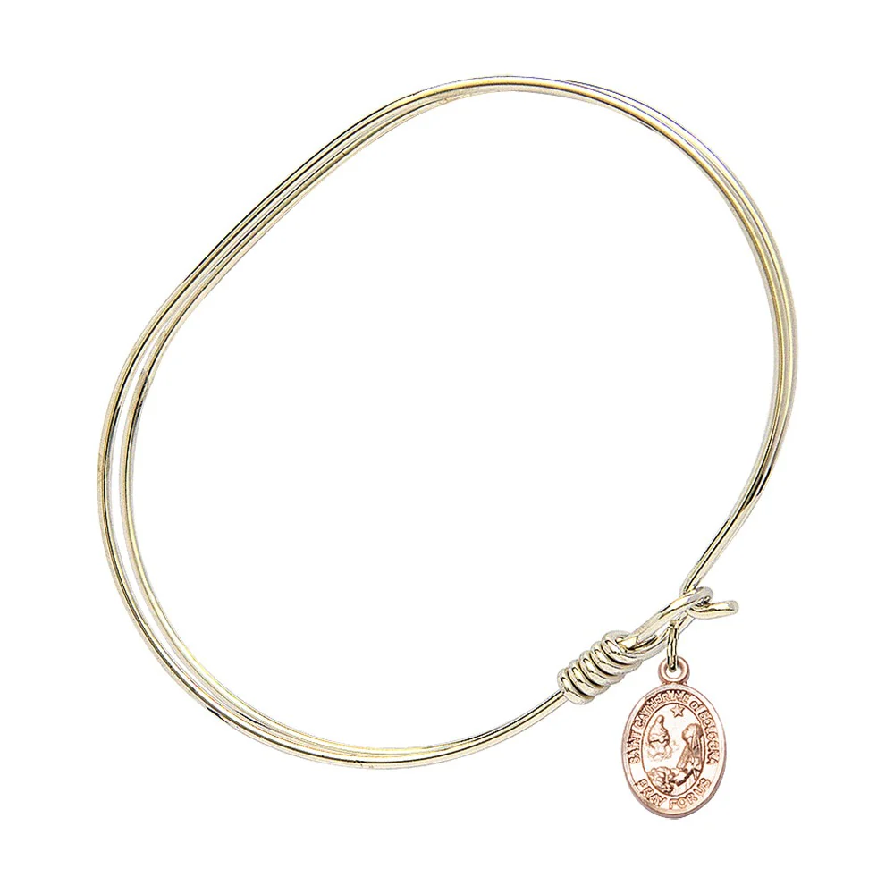 Adult 7" Oval Gold Plated Bangle Bracelet with St. Catherine of Bologna Medal Charm - Image 2