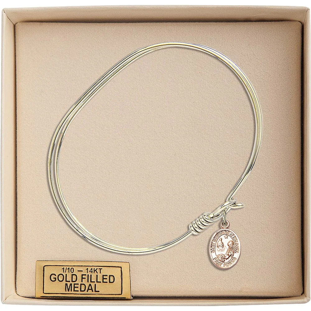 Adult 7" Oval Gold Plated Bangle Bracelet with St. Catherine of Bologna Medal Charm - Image 3
