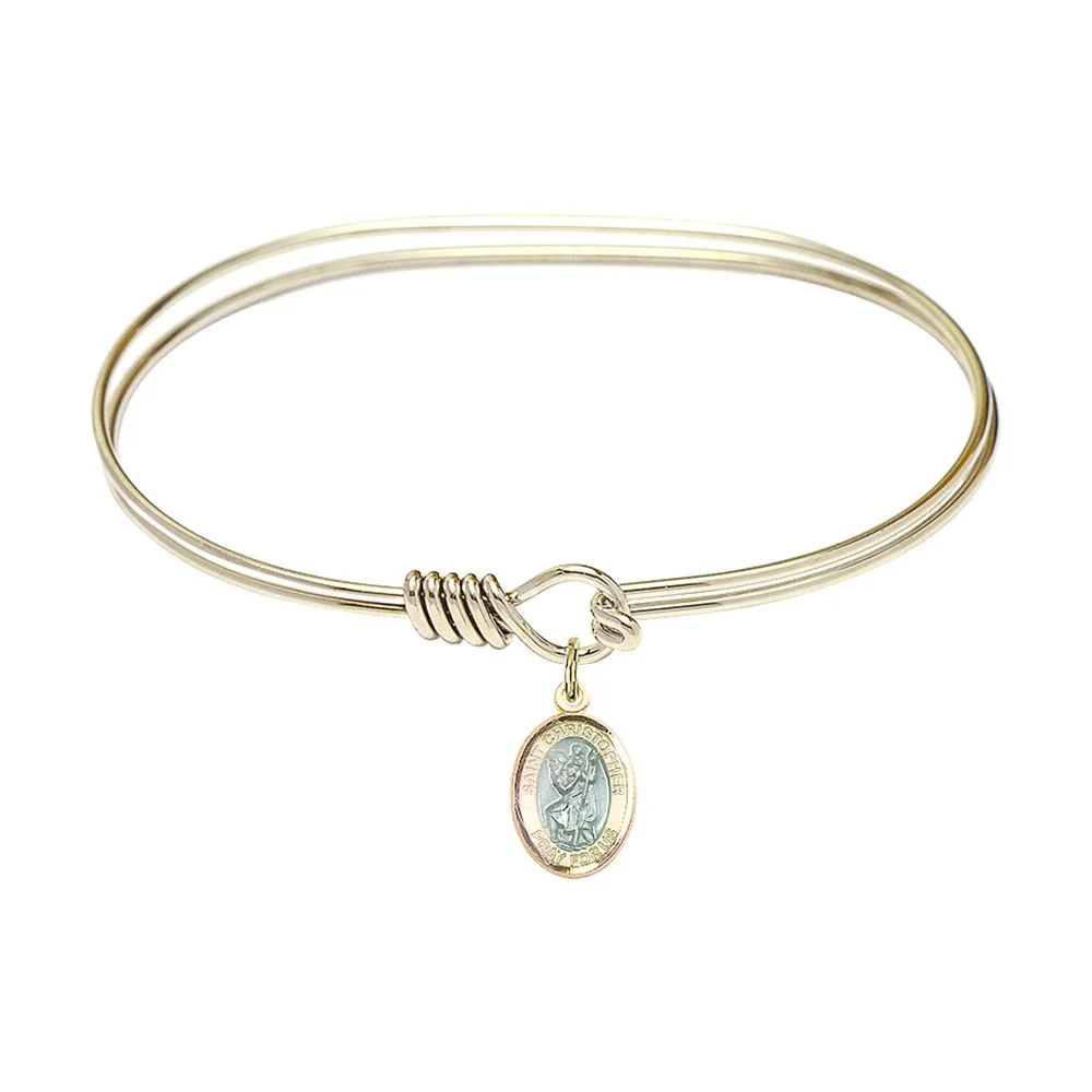 Adult 7" Oval Gold Plated Bangle Bracelet with St. Christopher Medal Charm