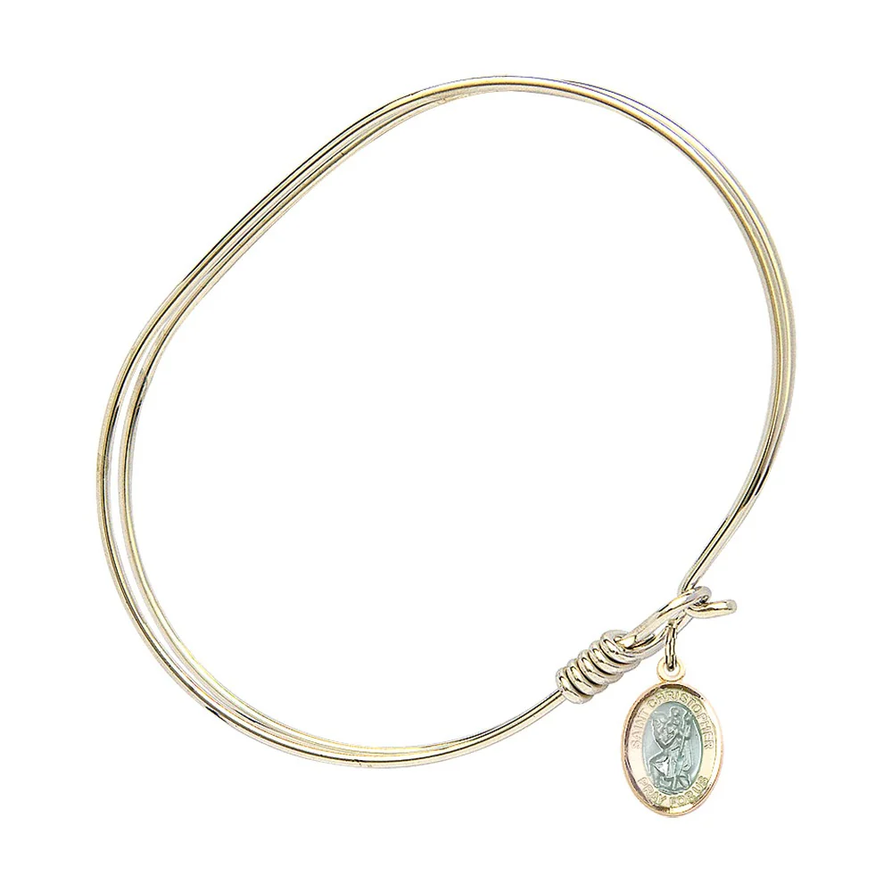 Adult 7" Oval Gold Plated Bangle Bracelet with St. Christopher Medal Charm - Image 2