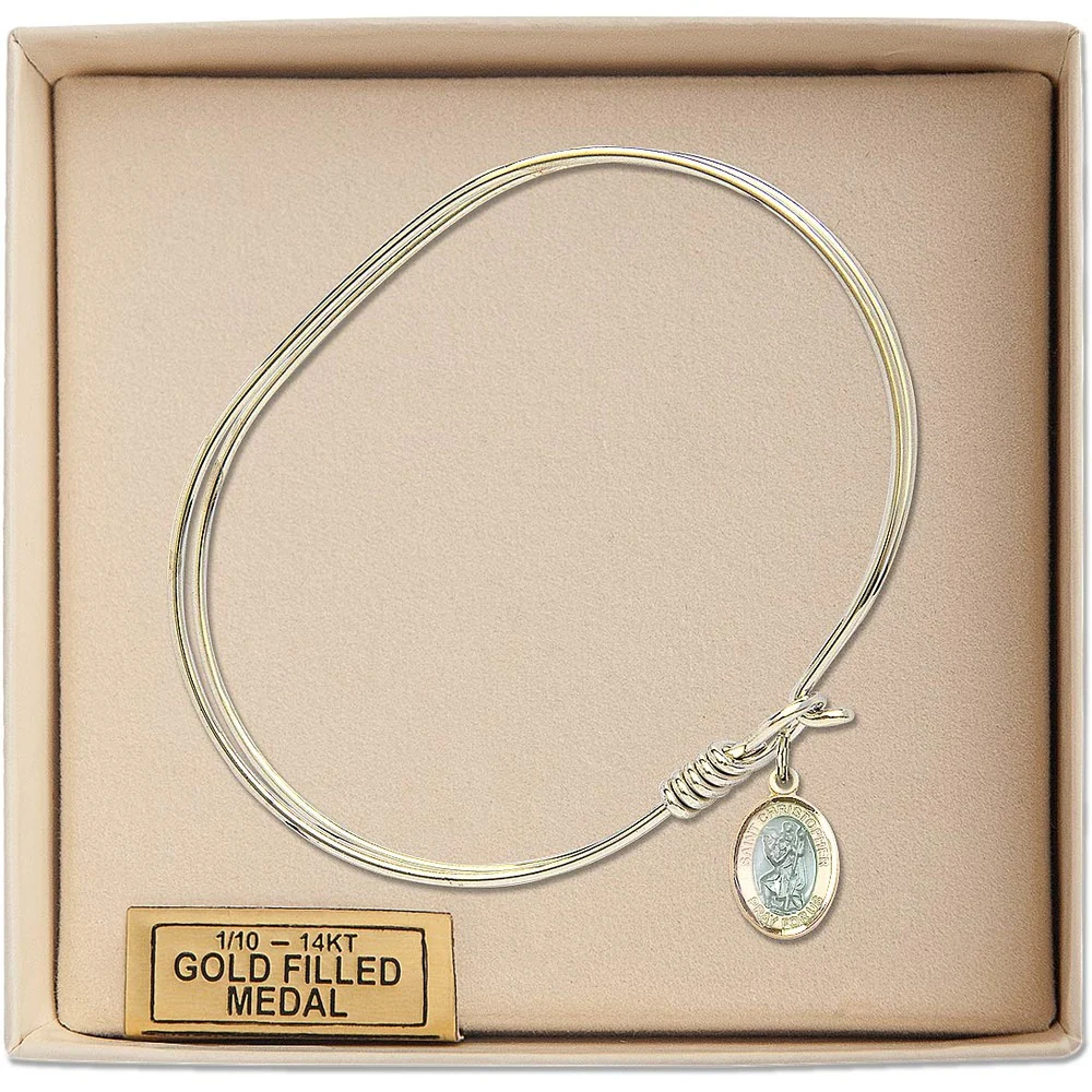 Adult 7" Oval Gold Plated Bangle Bracelet with St. Christopher Medal Charm - Image 3
