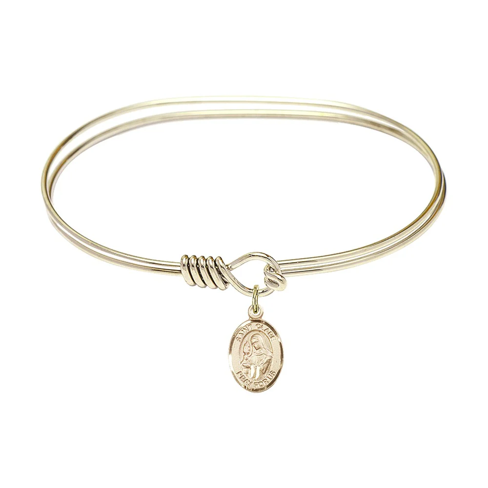 Adult 7" Oval Gold Plated Bangle Bracelet with St. Clare of Assisi Medal Charm