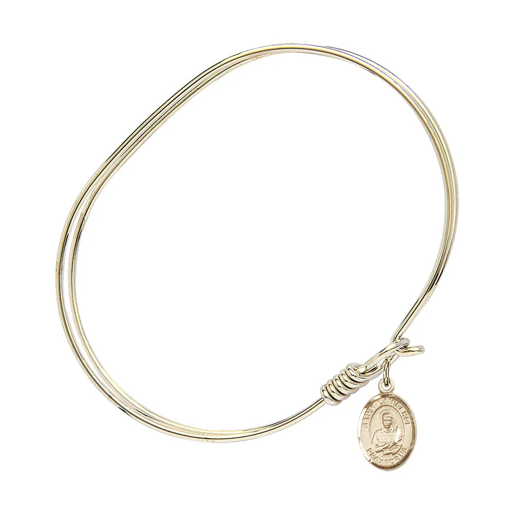 Adult 7" Oval Gold Plated Bangle Bracelet with St. Lawrence Medal Charm - Image 2
