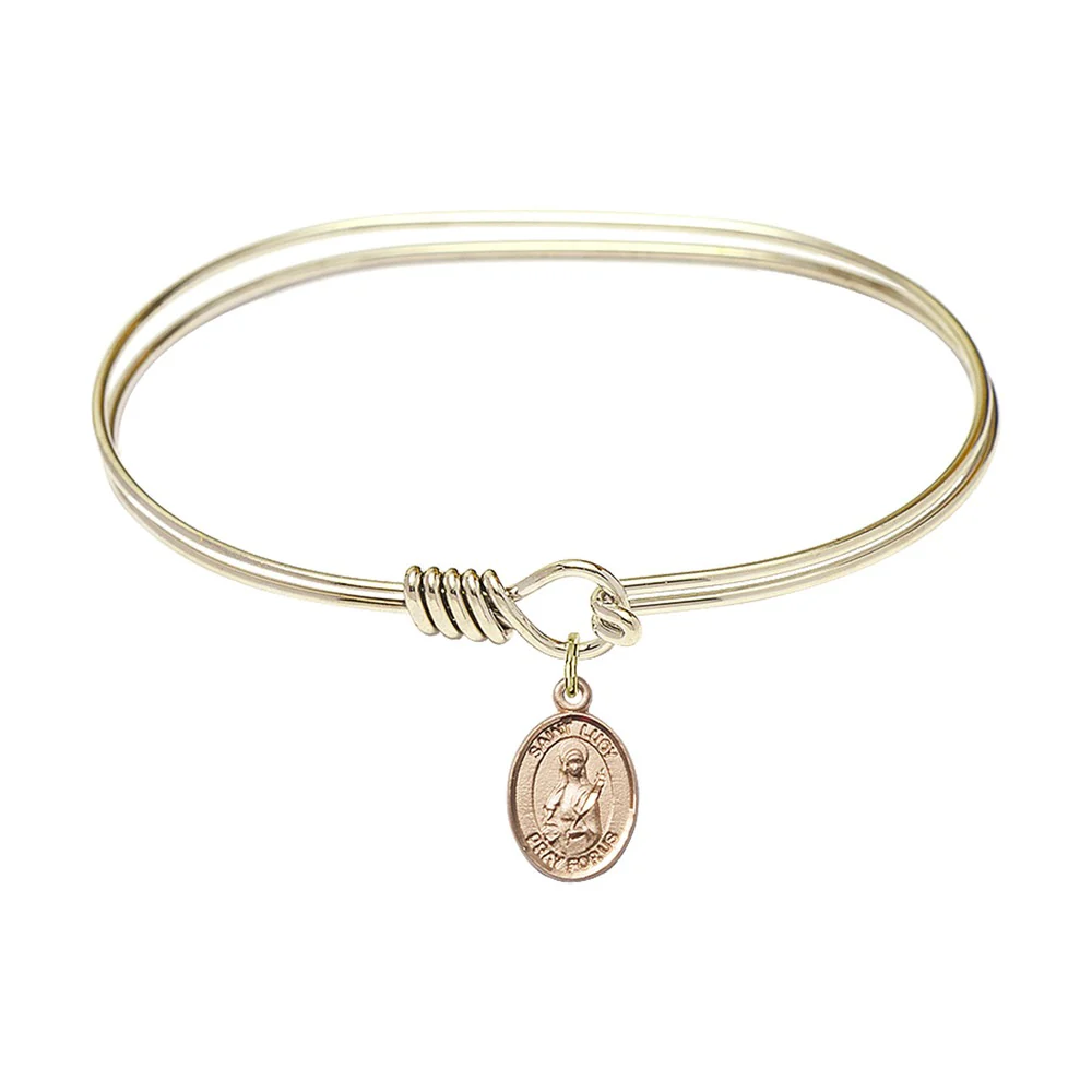 Adult 7" Oval Gold Plated Bangle Bracelet with St. Lucy Medal Charm