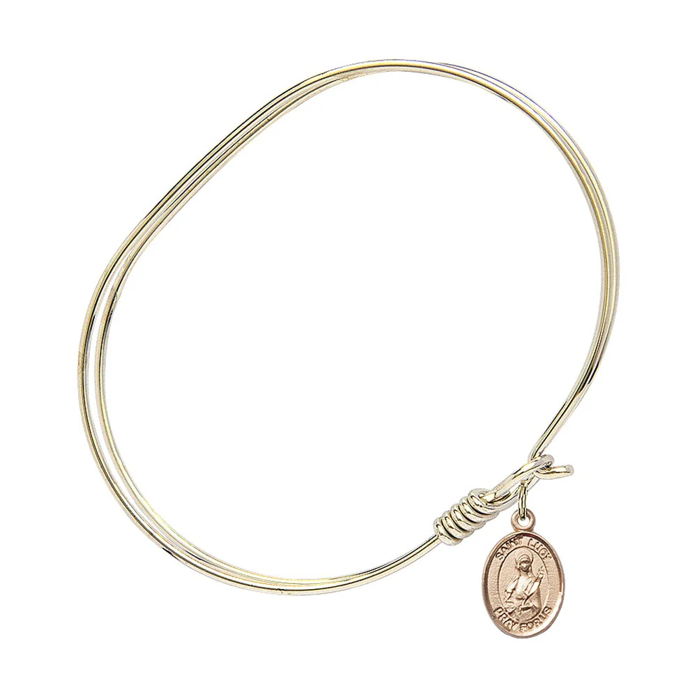 Adult 7" Oval Gold Plated Bangle Bracelet with St. Lucy Medal Charm - Image 2