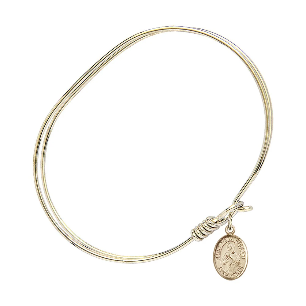 Adult 7" Oval Gold Plated Bangle Bracelet with St. Maria Goretti Medal Charm - Image 2