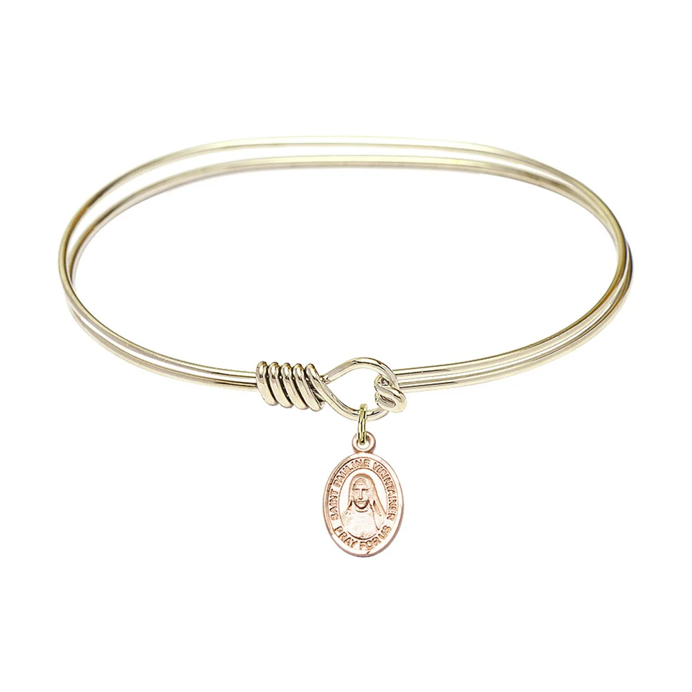 Adult 7" Oval Gold Plated Bangle Bracelet with St. Pauline Visintainer Medal Charm