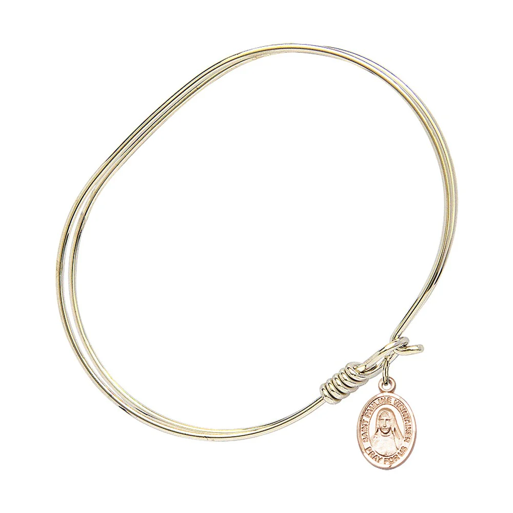 Adult 7" Oval Gold Plated Bangle Bracelet with St. Pauline Visintainer Medal Charm - Image 2