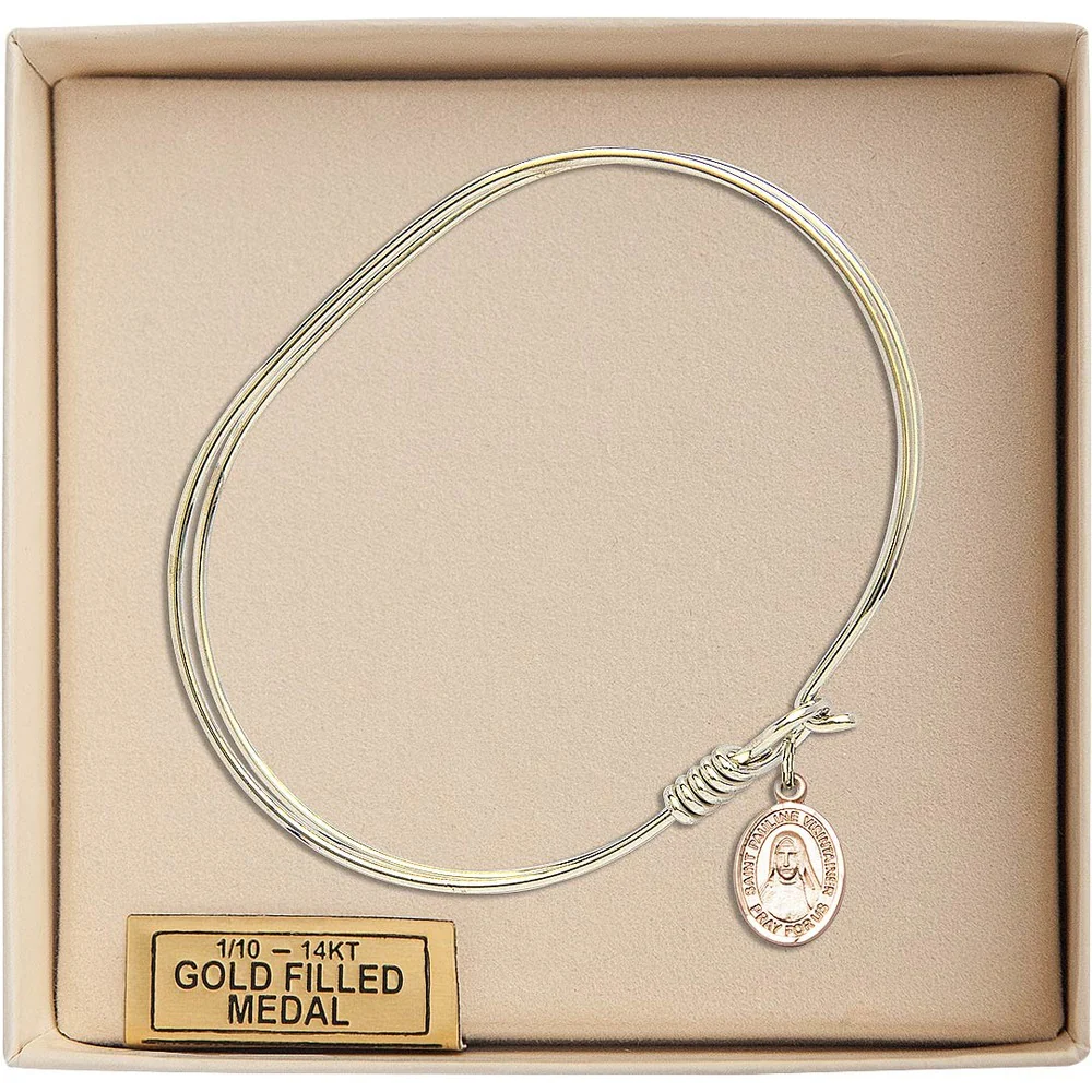 Adult 7" Oval Gold Plated Bangle Bracelet with St. Pauline Visintainer Medal Charm - Image 3