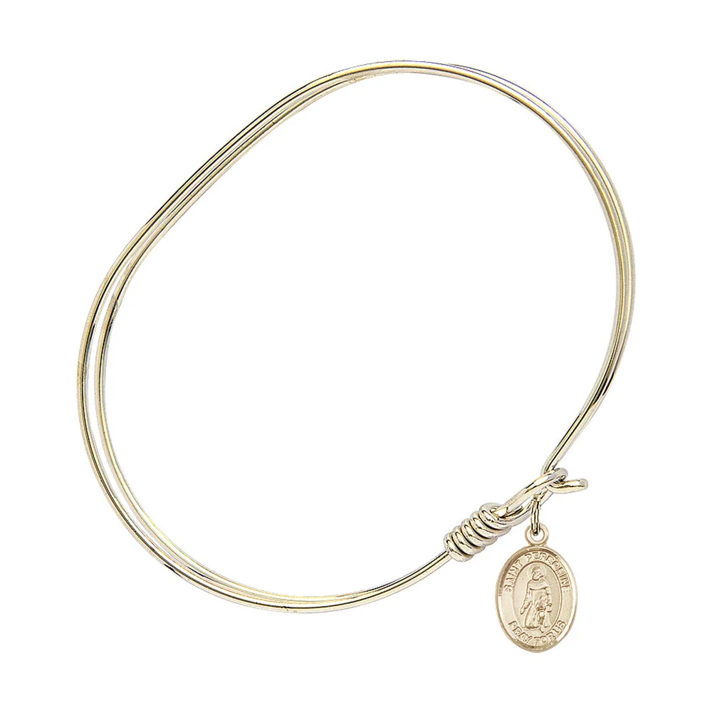 Adult 7" Oval Gold Plated Bangle Bracelet with St. Peregrine Laziosi Medal Charm - Image 2