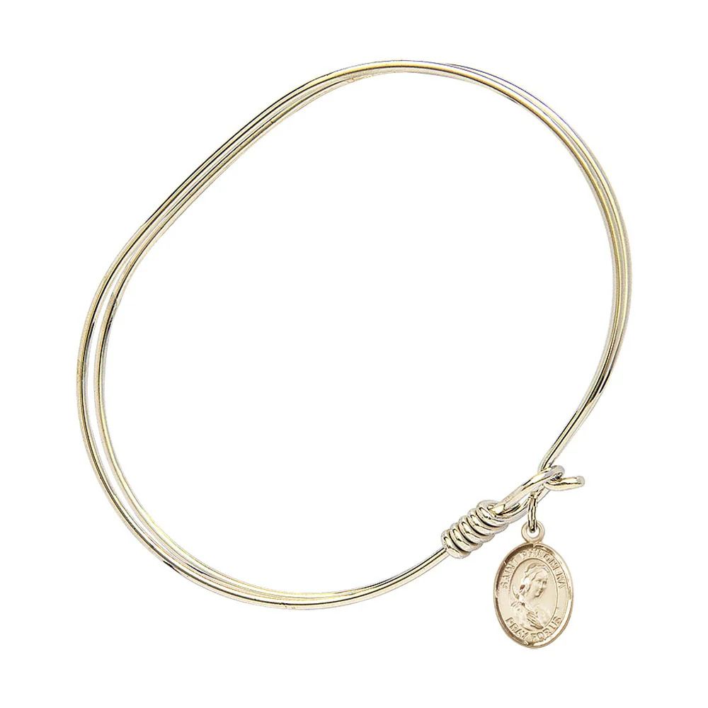 Adult 7" Oval Gold Plated Bangle Bracelet with St. Philomena Medal Charm - Image 2