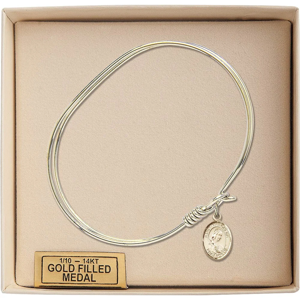 Adult 7" Oval Gold Plated Bangle Bracelet with St. Philomena Medal Charm - Image 3
