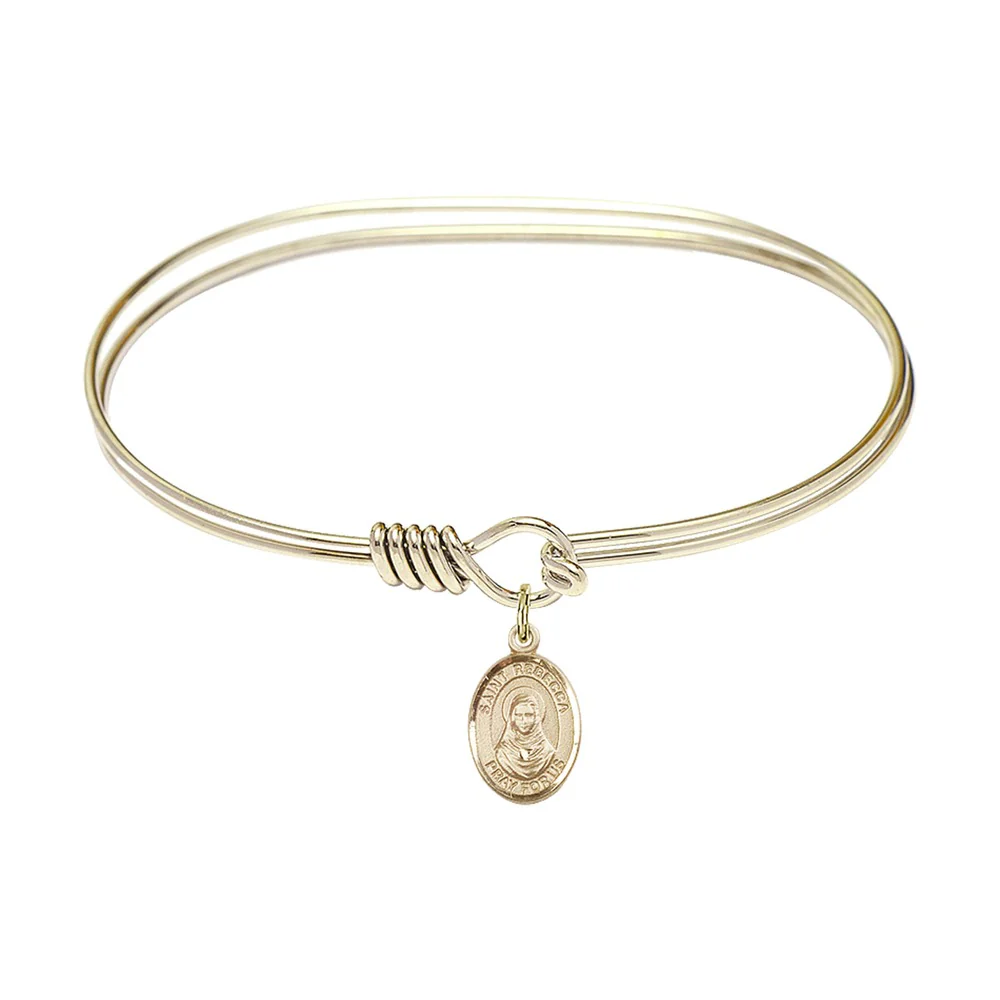 Adult 7" Oval Gold Plated Bangle Bracelet with St. Rebecca Medal Charm
