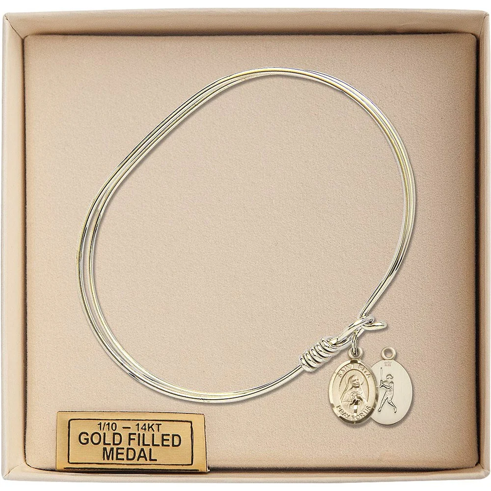 Adult 7" Oval Gold Plated Bangle Bracelet with St. Rita / Baseball Medal Charm - Image 3