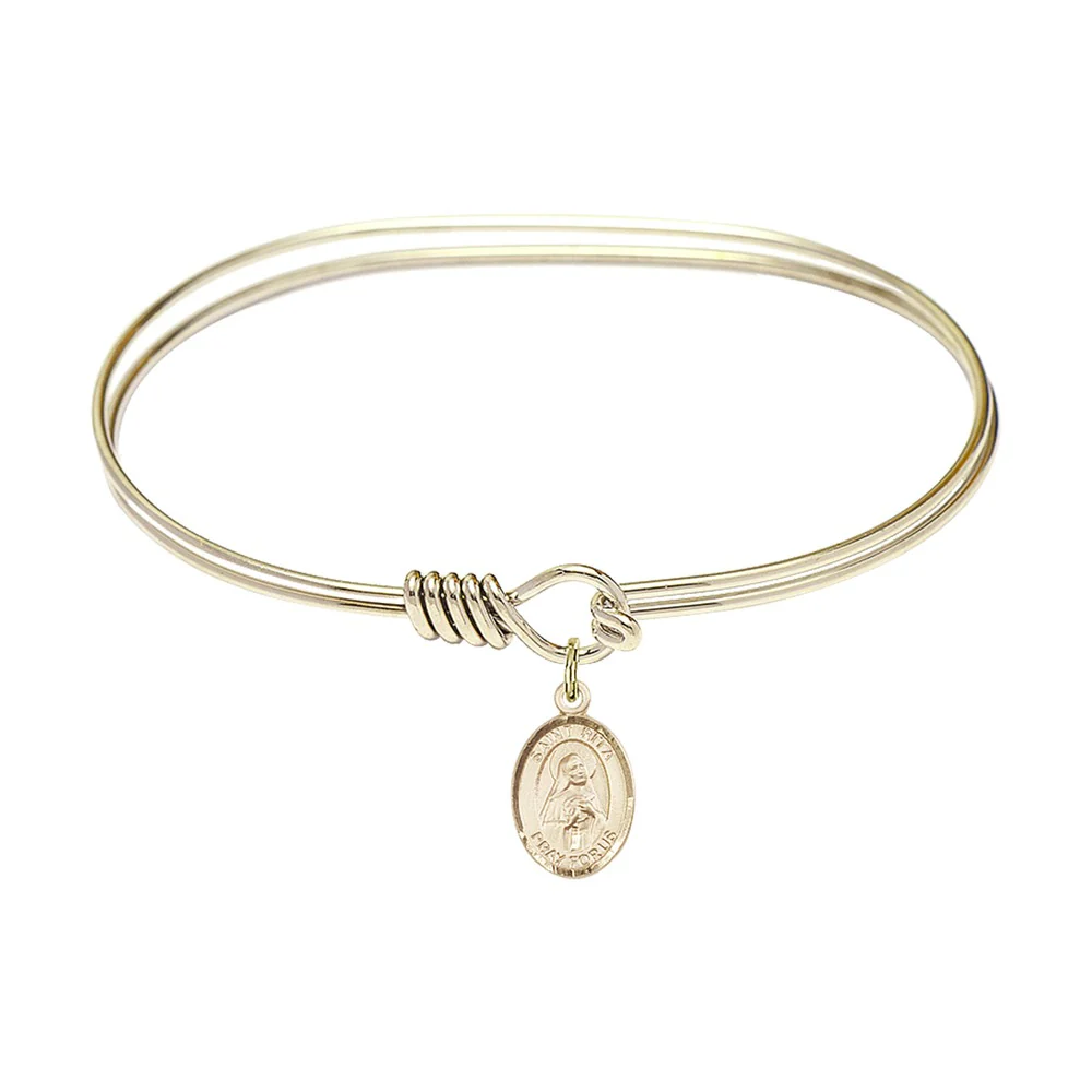 Adult 7" Oval Gold Plated Bangle Bracelet with St. Rita of Cascia Medal Charm - Image 2