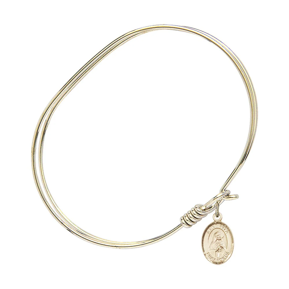 Adult 7" Oval Gold Plated Bangle Bracelet with St. Rita of Cascia Medal Charm - Image 3