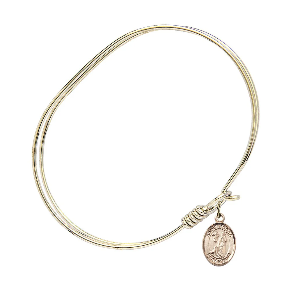 Adult 7" Oval Gold Plated Bangle Bracelet with St. Rocco Medal Charm - Image 2