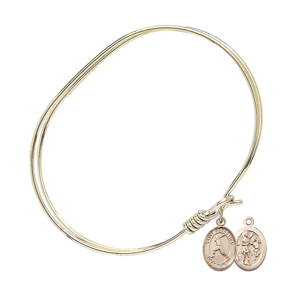 Adult 7" Oval Gold Plated Bangle Bracelet with St. Sebastian/Baseball Medal Charm - Image 2