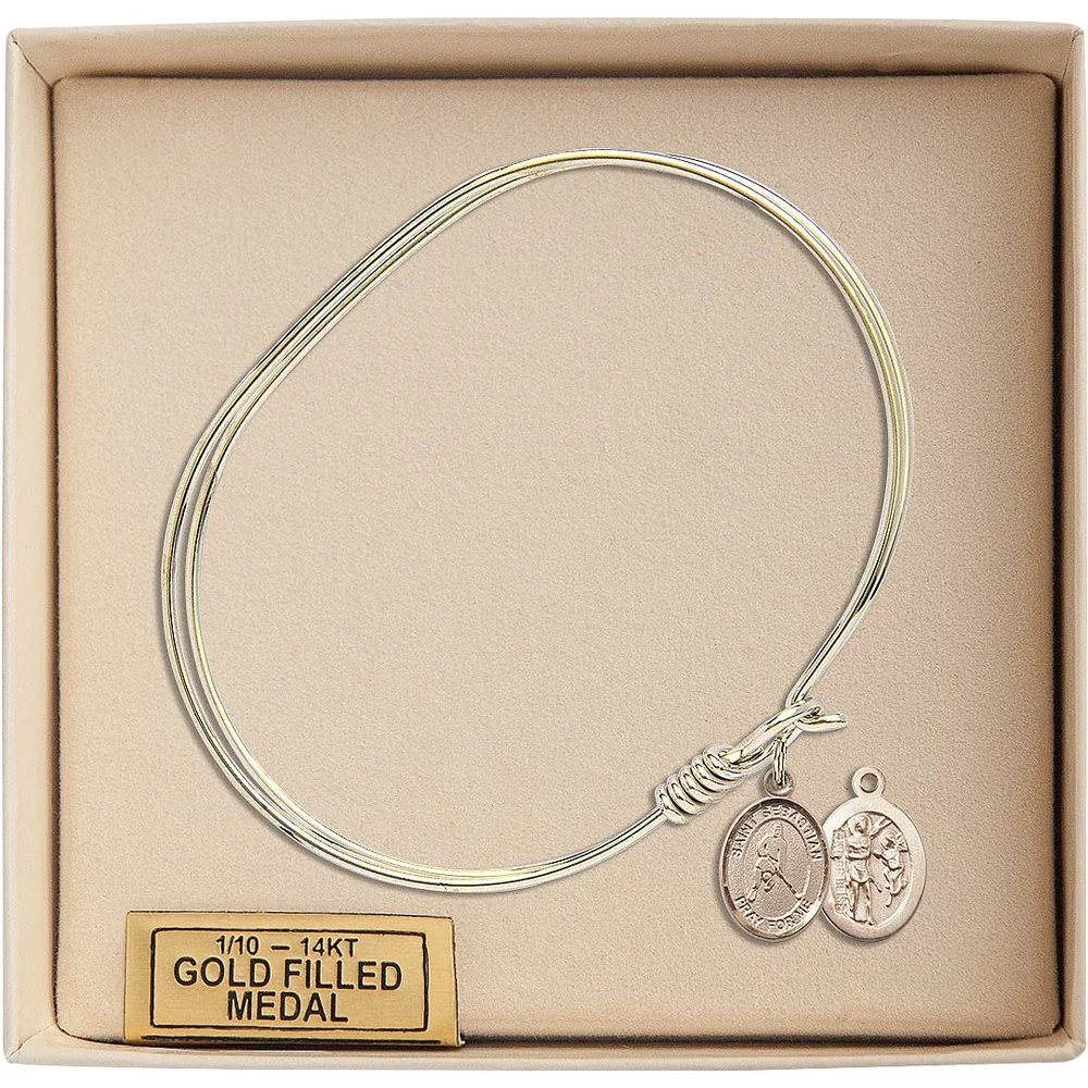 Adult 7" Oval Gold Plated Bangle Bracelet with St. Sebastian/Ice Hockey Medal Charm - Image 3