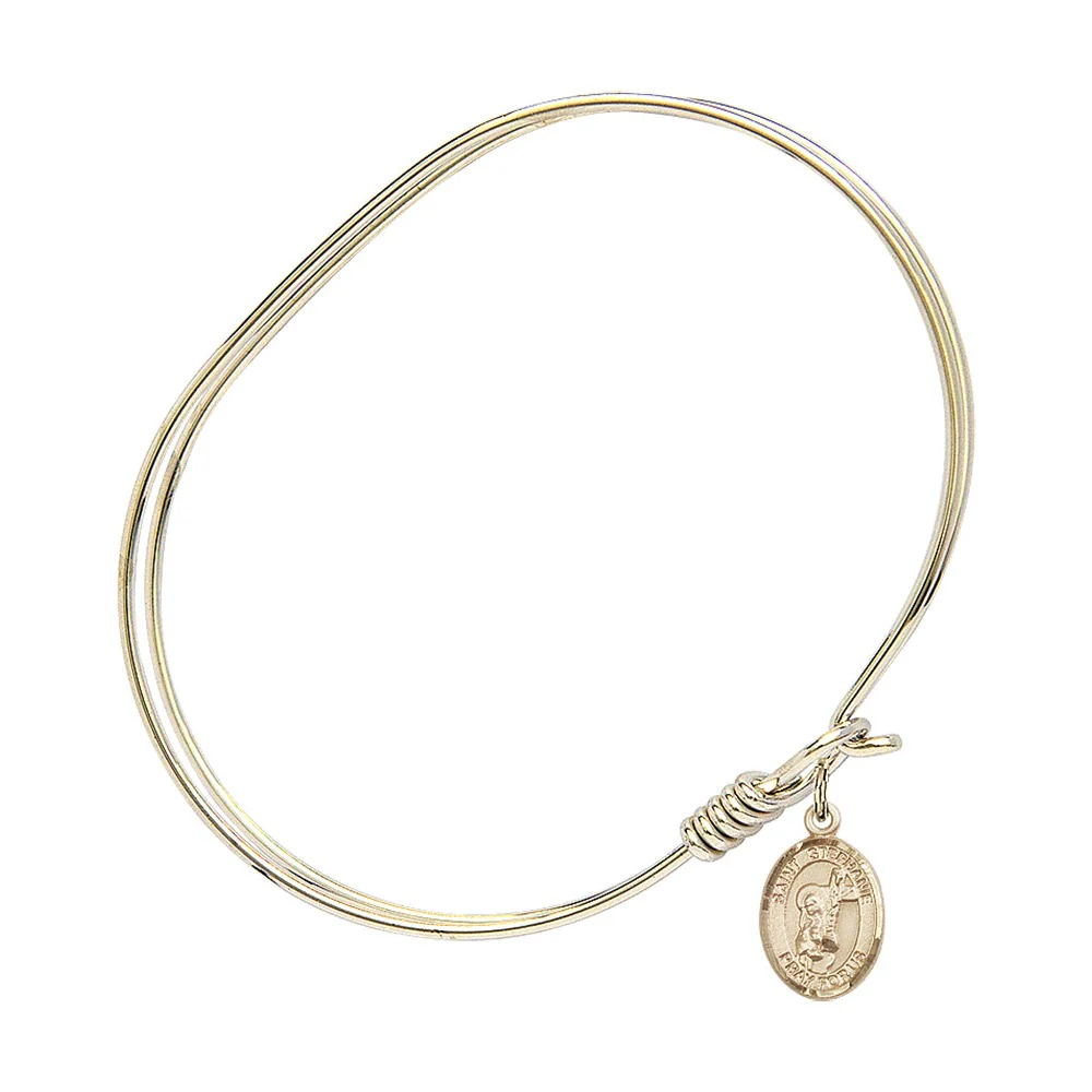 Adult 7" Oval Gold Plated Bangle Bracelet with St. Stephanie Medal Charm