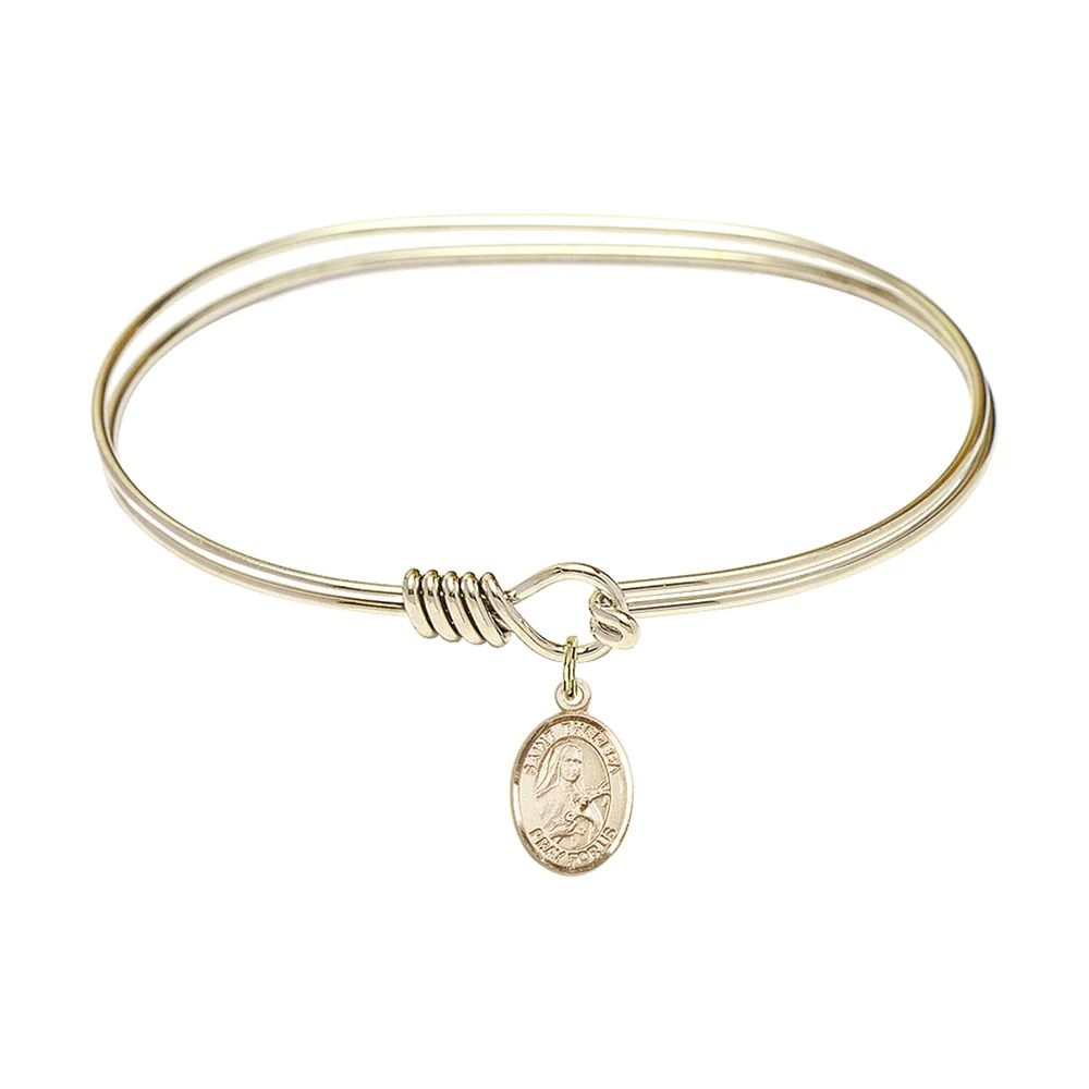 Adult 7" Oval Gold Plated Bangle Bracelet with St. Theresa Medal Charm