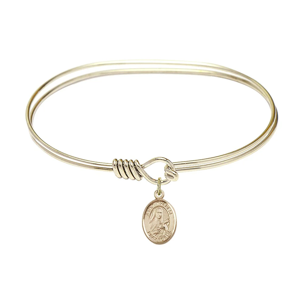Adult 7" Oval Gold Plated Bangle Bracelet with St. Therese of Lisieux Medal Charm