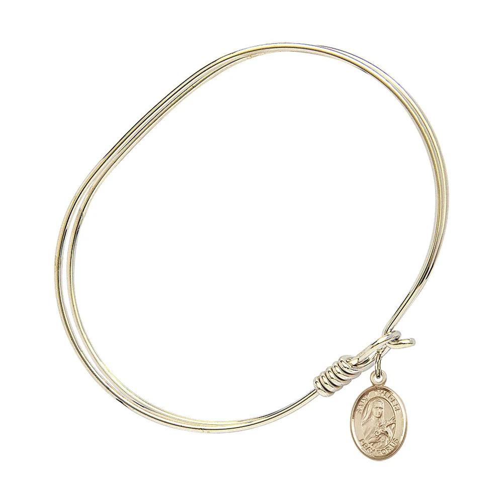 Adult 7" Oval Gold Plated Bangle Bracelet with St. Therese of Lisieux Medal Charm - Image 2