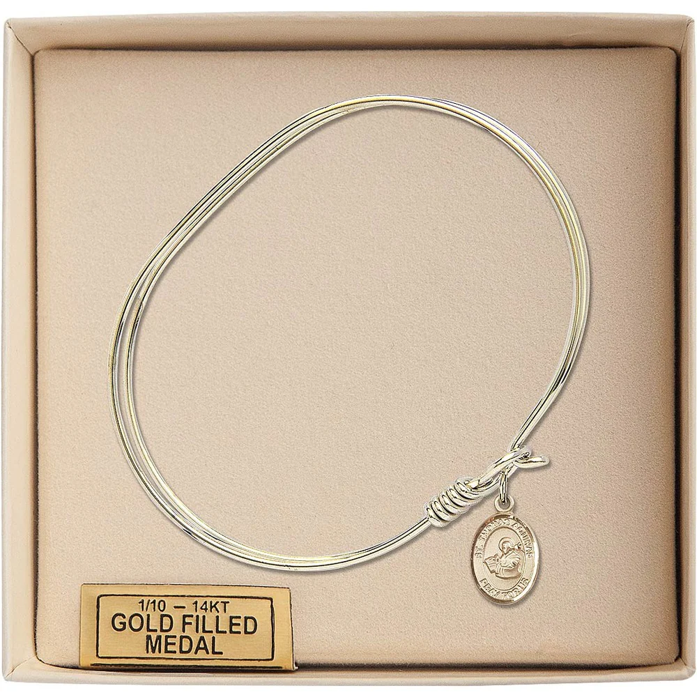 Adult 7" Oval Gold Plated Bangle Bracelet with St. Thomas Aquinas Medal Charm - Image 3