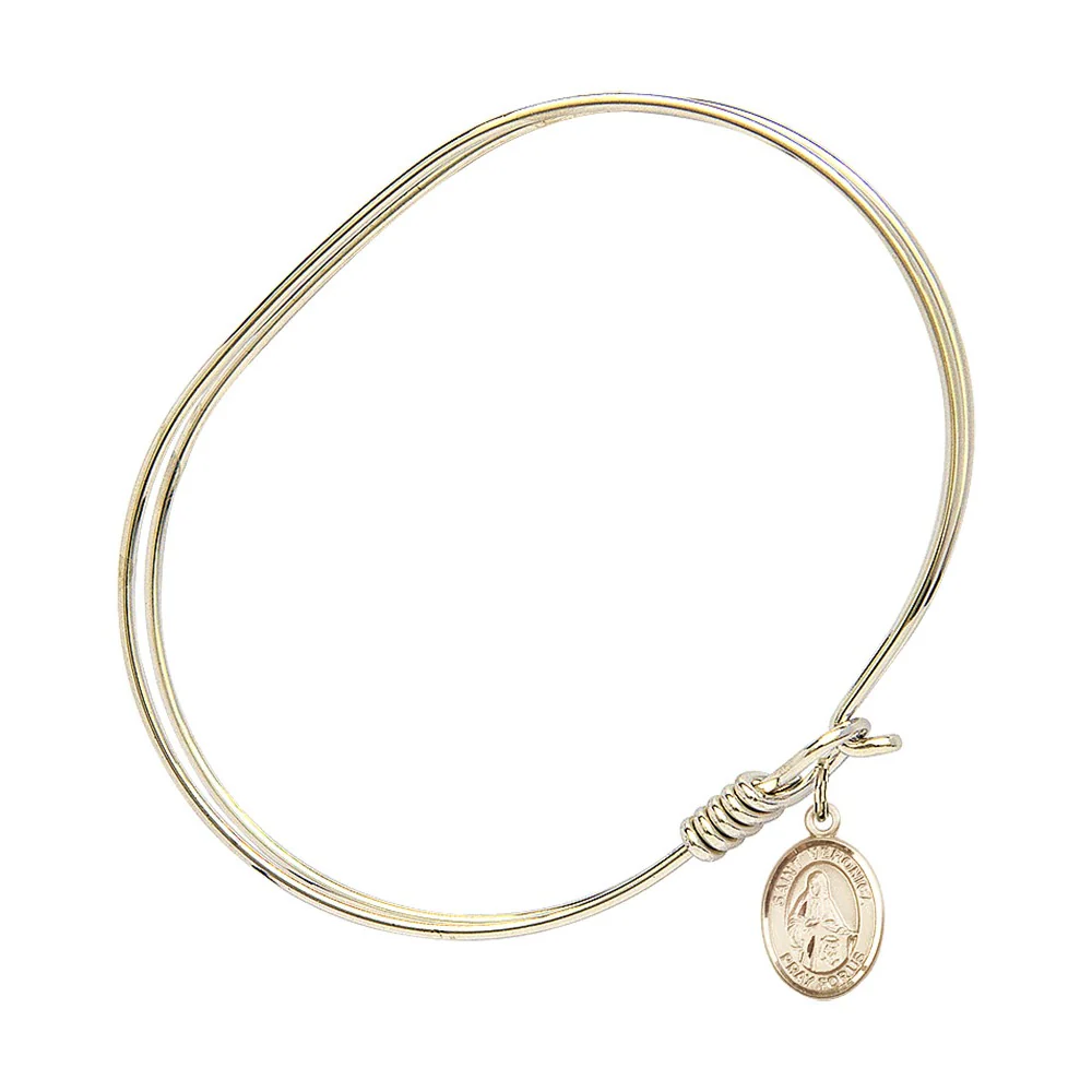 Adult 7" Oval Gold Plated Bangle Bracelet with St. Veronica Medal Charm - Image 2