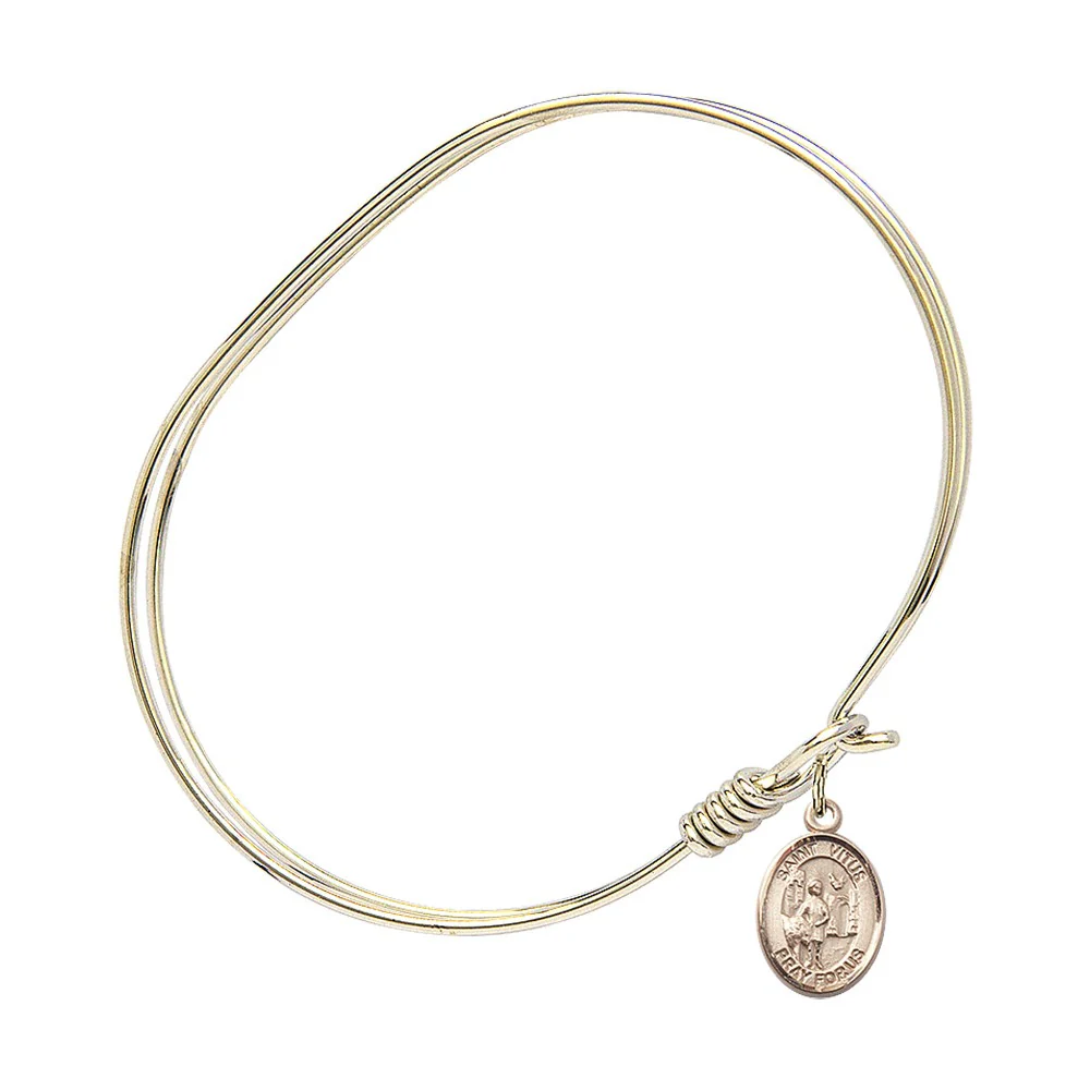 Adult 7" Oval Gold Plated Bangle Bracelet with St. Vitus Medal Charm - Image 2