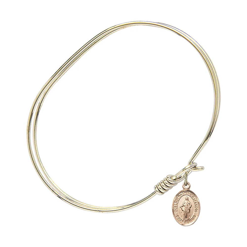 Adult 7" Oval Gold Plated Bangle with Our Lady the Undoer of Knots Medal - Image 2